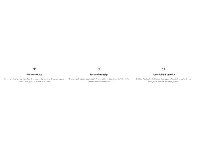 Shadcn Feature 368 - Minimal Centered Three-Column Grid