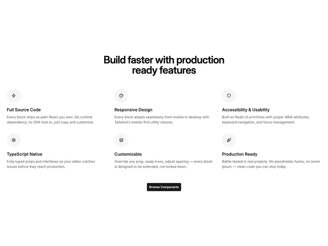 Shadcn Feature 43 - Icon reasons with centered call to action