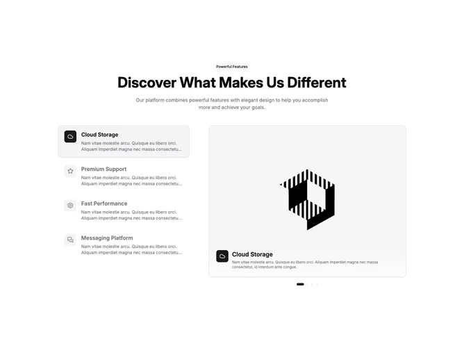 Shadcn Feature 57 - Feature list synced to a carousel