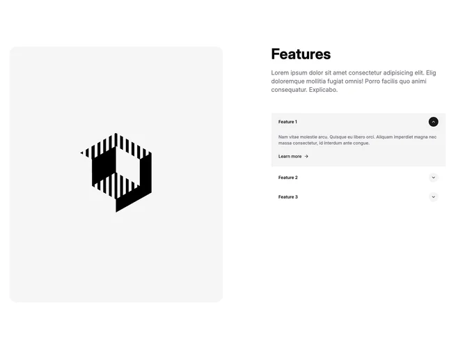 Shadcn Feature 70 - Carousel on the left with synced accordions