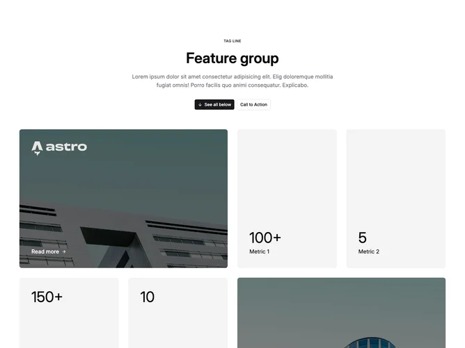 Shadcn Feature 71 - Centered header over metrics and image links