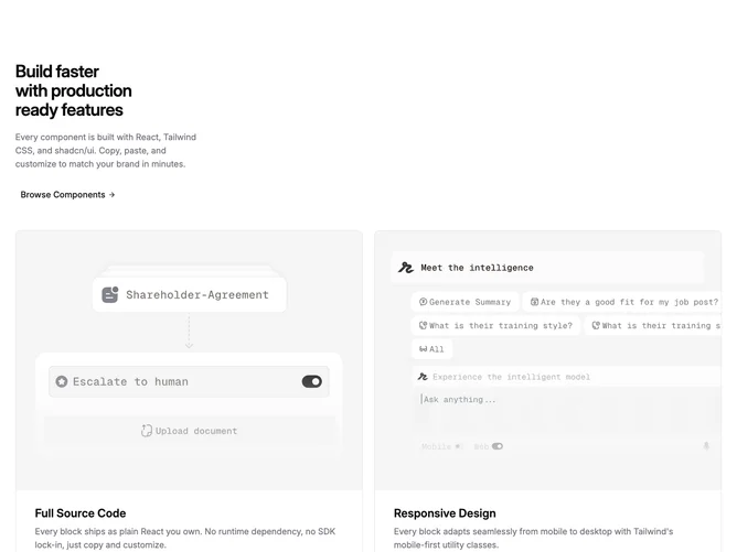 Shadcn Feature 72 - Narrow header with bordered feature cards