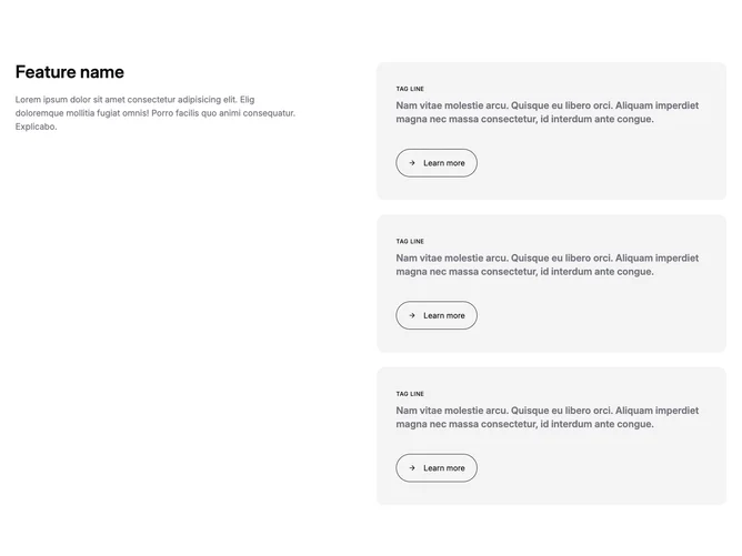 Shadcn Feature 75 - Text column beside three linked feature tiles