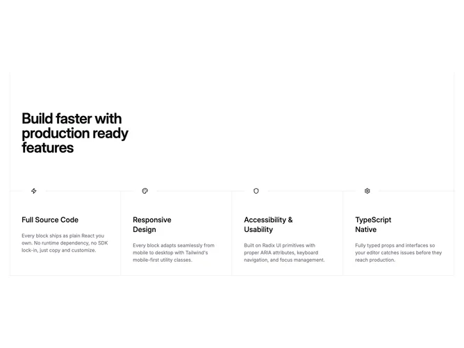 Shadcn Feature 76 - Bordered icon row with up to four columns