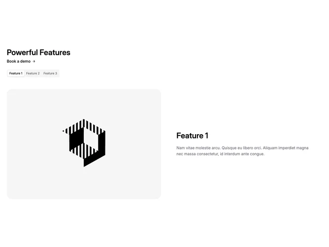 Shadcn Feature 78 - Tabbed feature showcase with Book a demo link