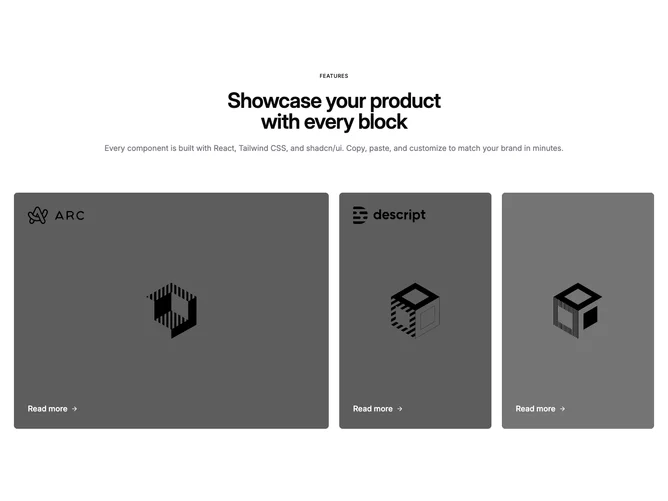 Shadcn Feature 81 - Image grid with darken overlays and Read more