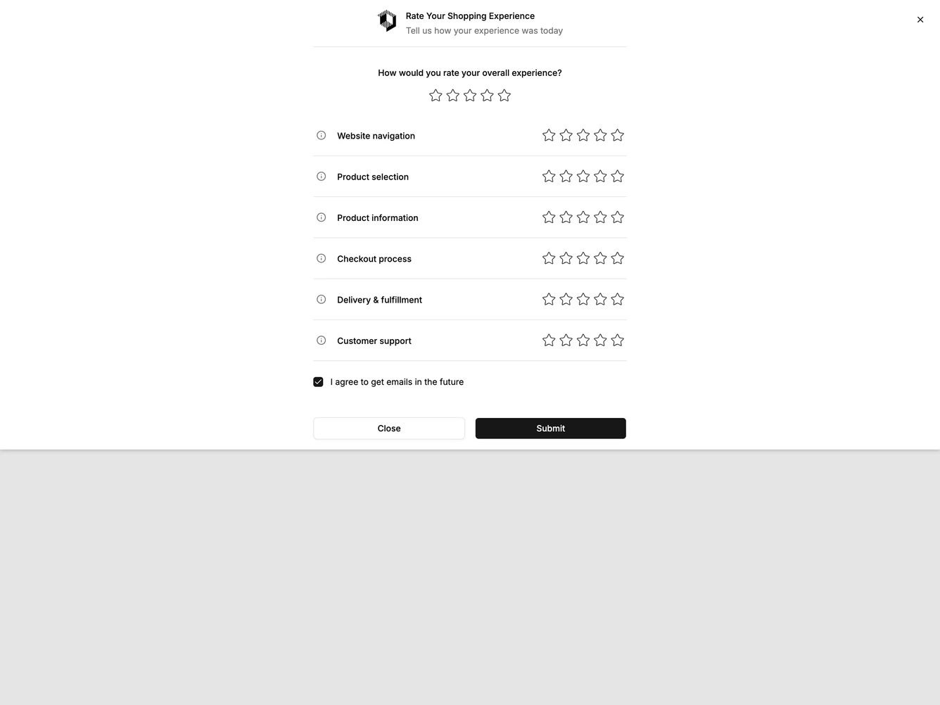 Shadcn Feedback 5 - Shopping experience rating sheet