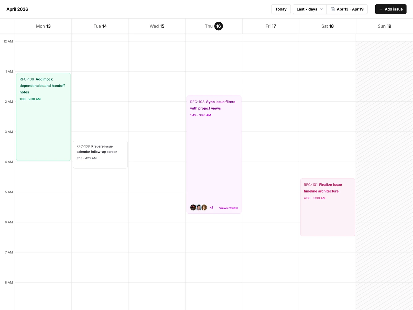 Shadcn Issue Calendar 2 - Week timeline for issues