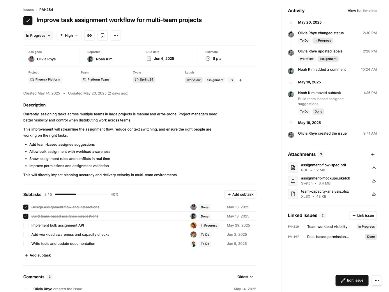 Shadcn Issue Detail 2 - Issue record with activity