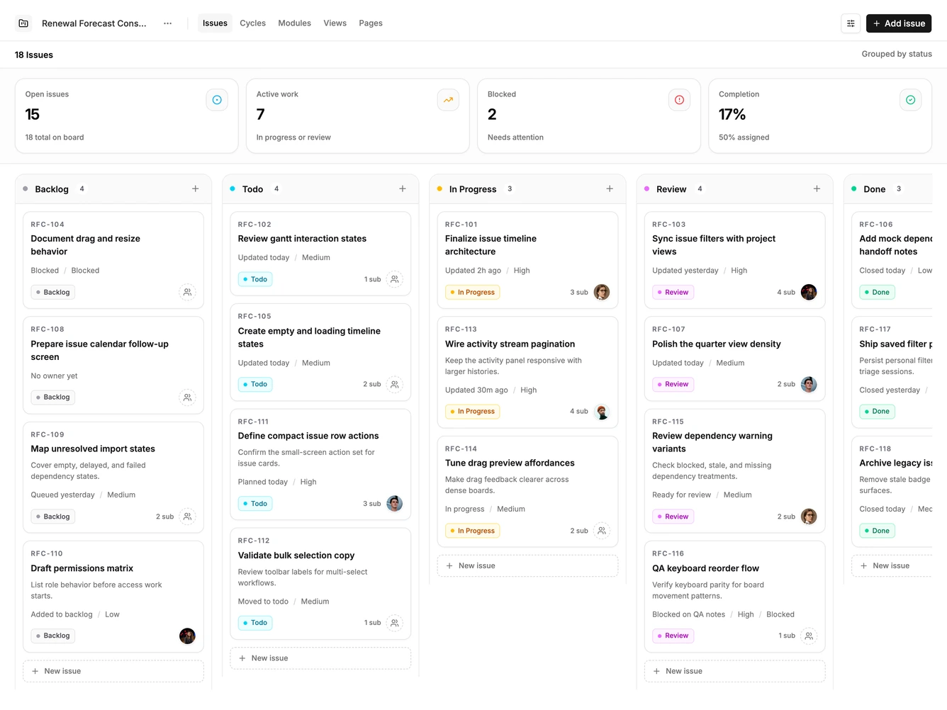 Shadcn Issue Kanban 2 - Issue board with stats