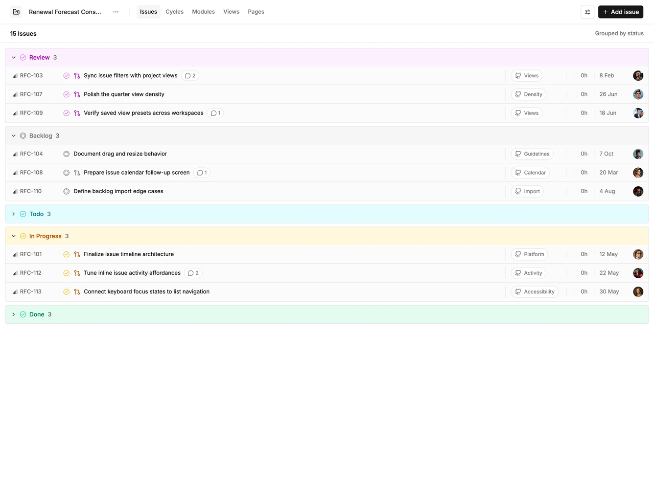 Shadcn Issue List 2 - Compact issue rows by status