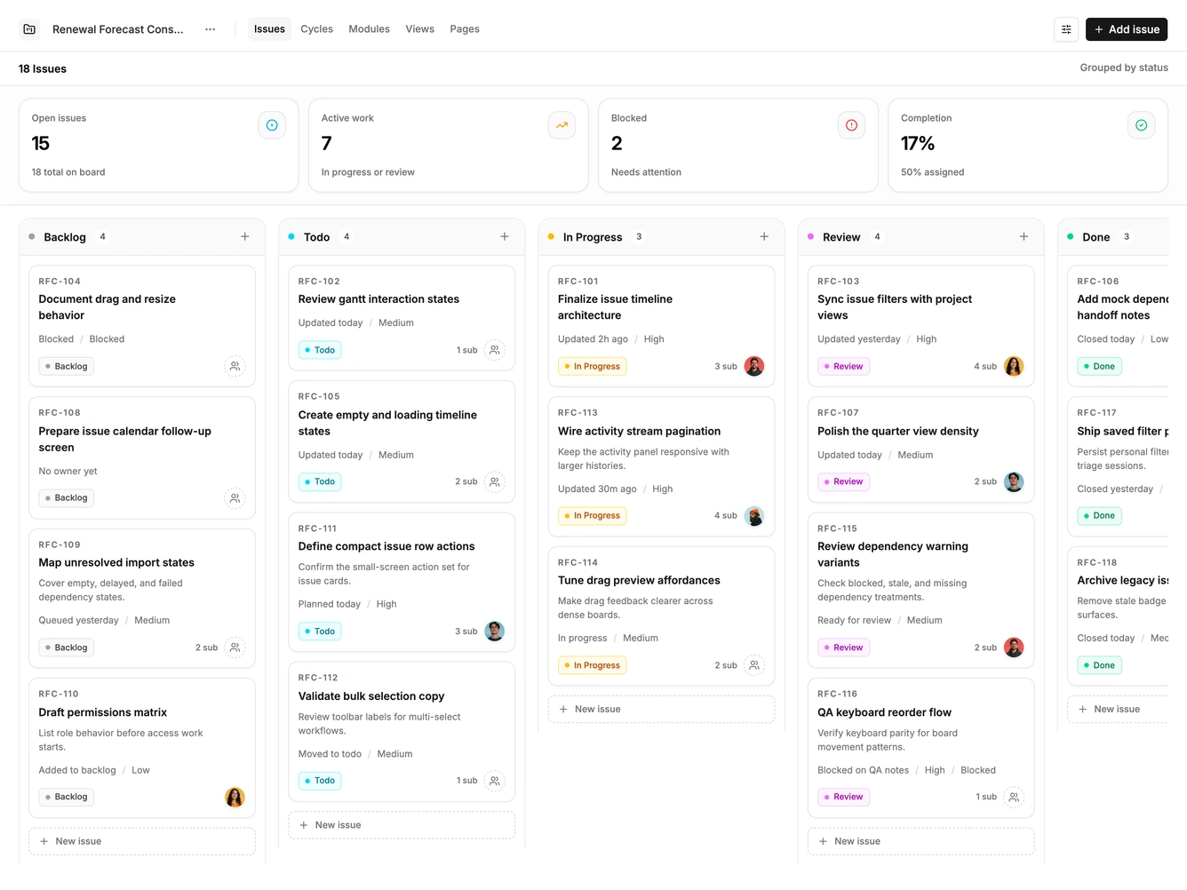 Shadcn Kanban 2 - Issue board with stats