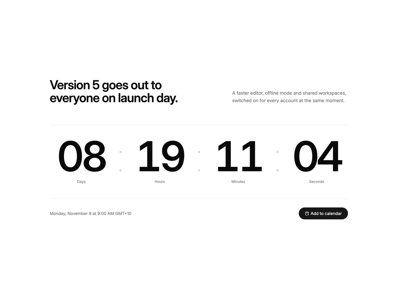 Shadcn Launch 2 - Big typographic launch countdown
