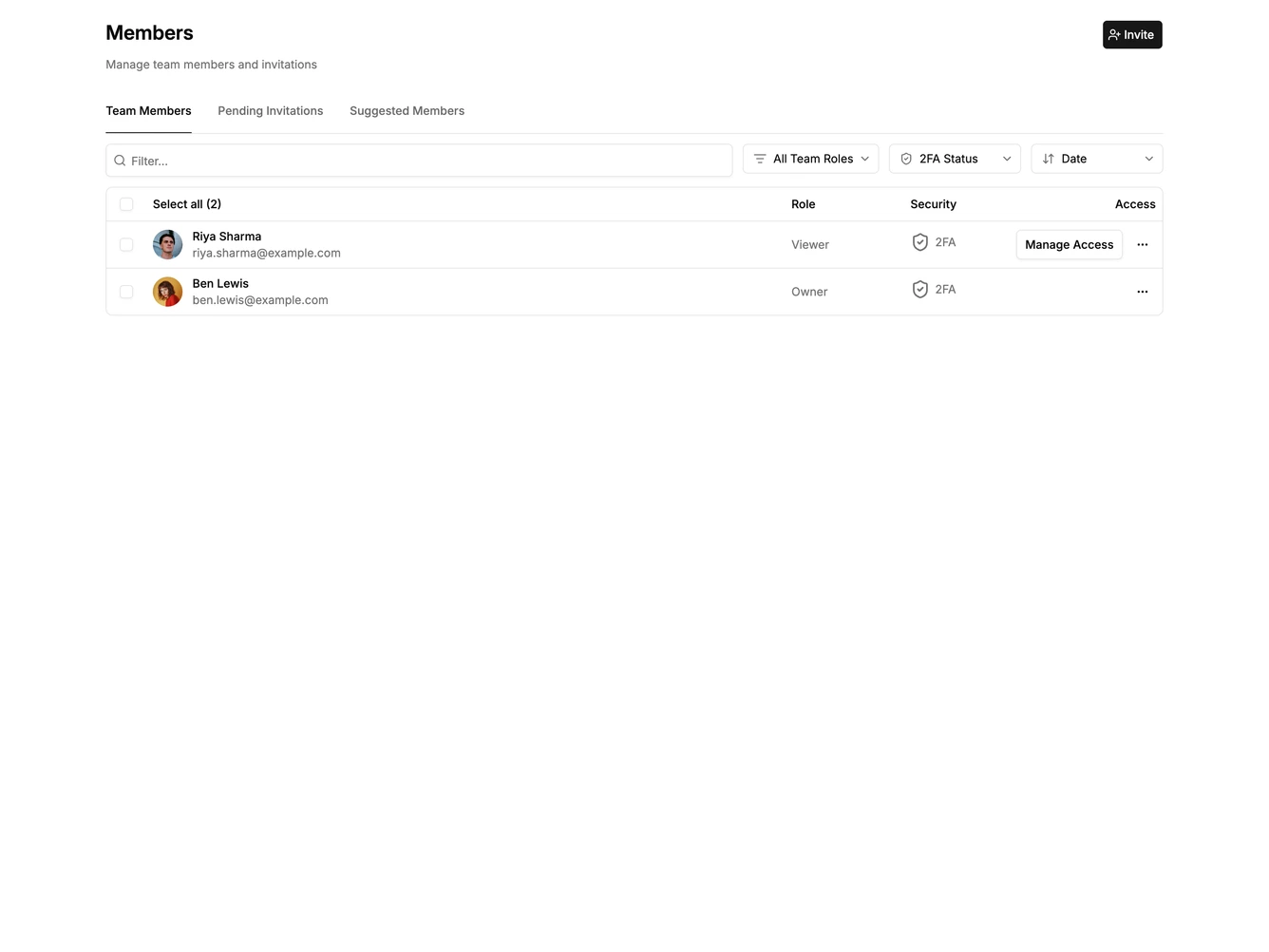 Shadcn Member List 3 - Member access table