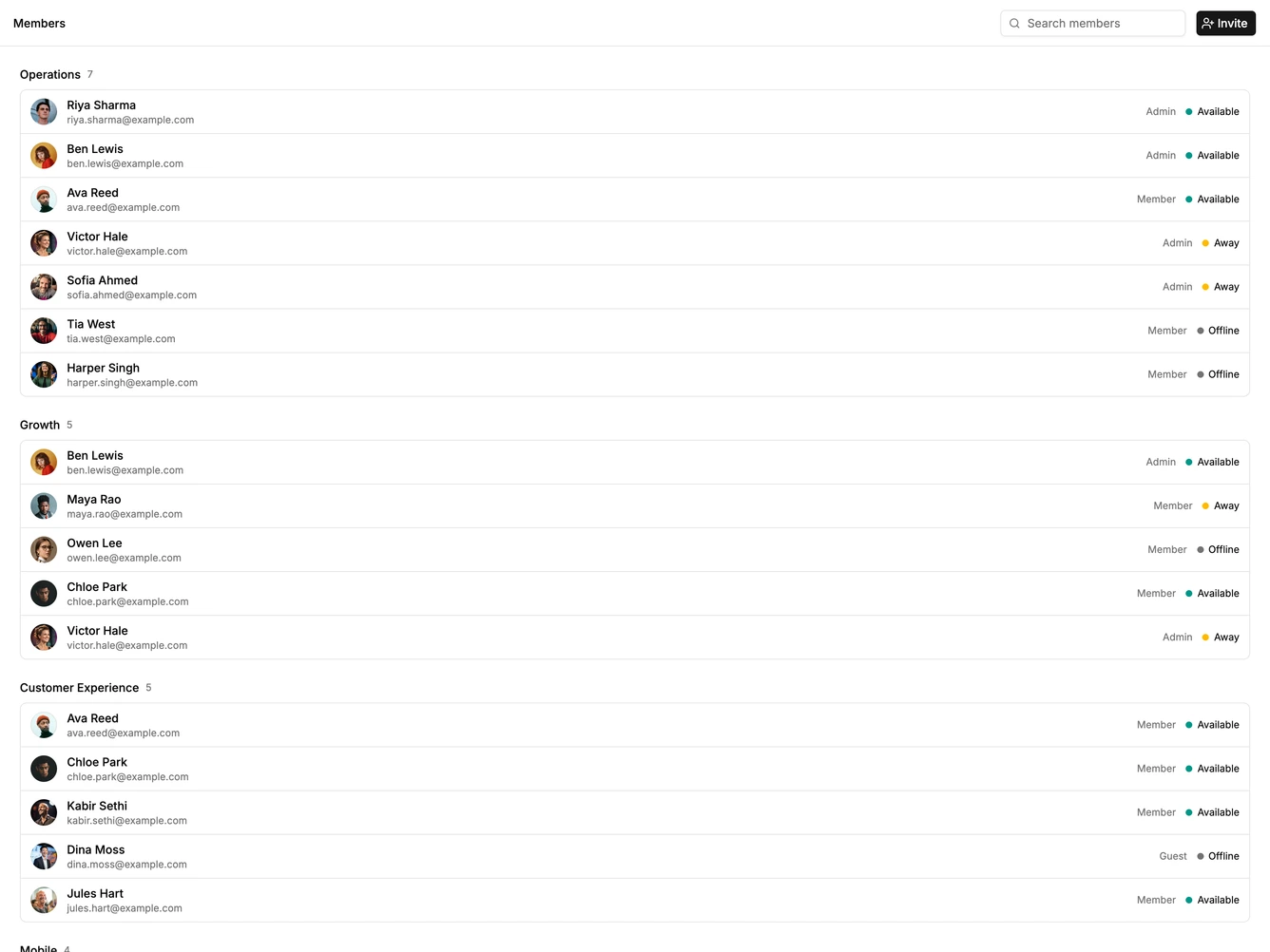 Shadcn Member List 4 - Members grouped by team