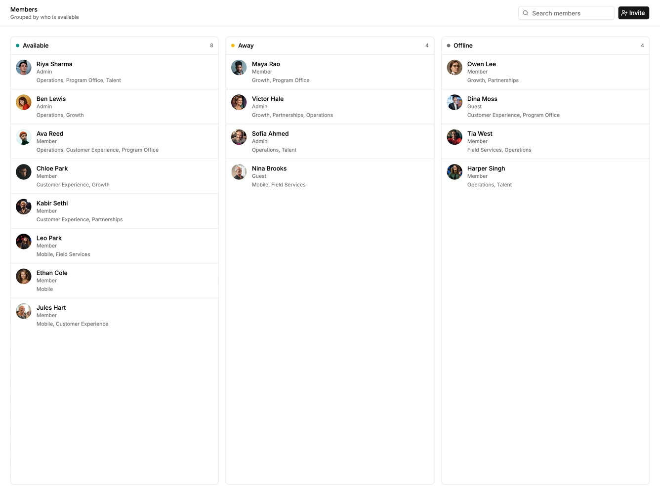 Shadcn Member List 5 - Member presence board