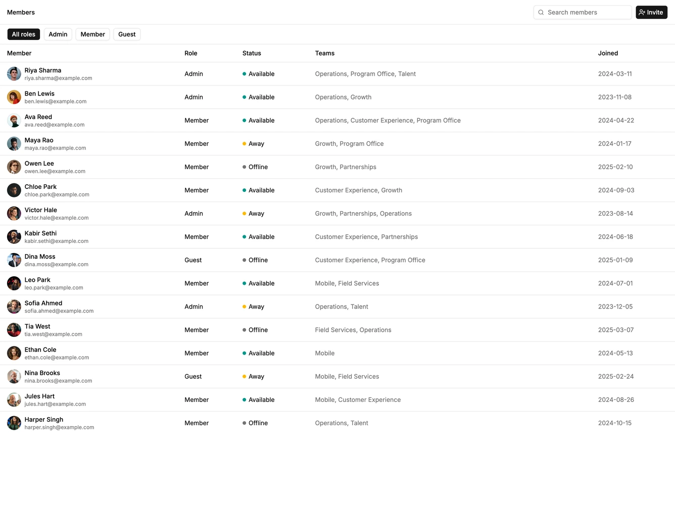 Shadcn Member List 6 - Member role table