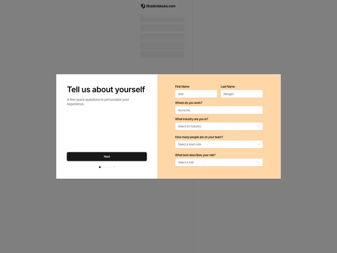 Shadcn Onboarding 2 - Dialog-Based Onboarding Wizard