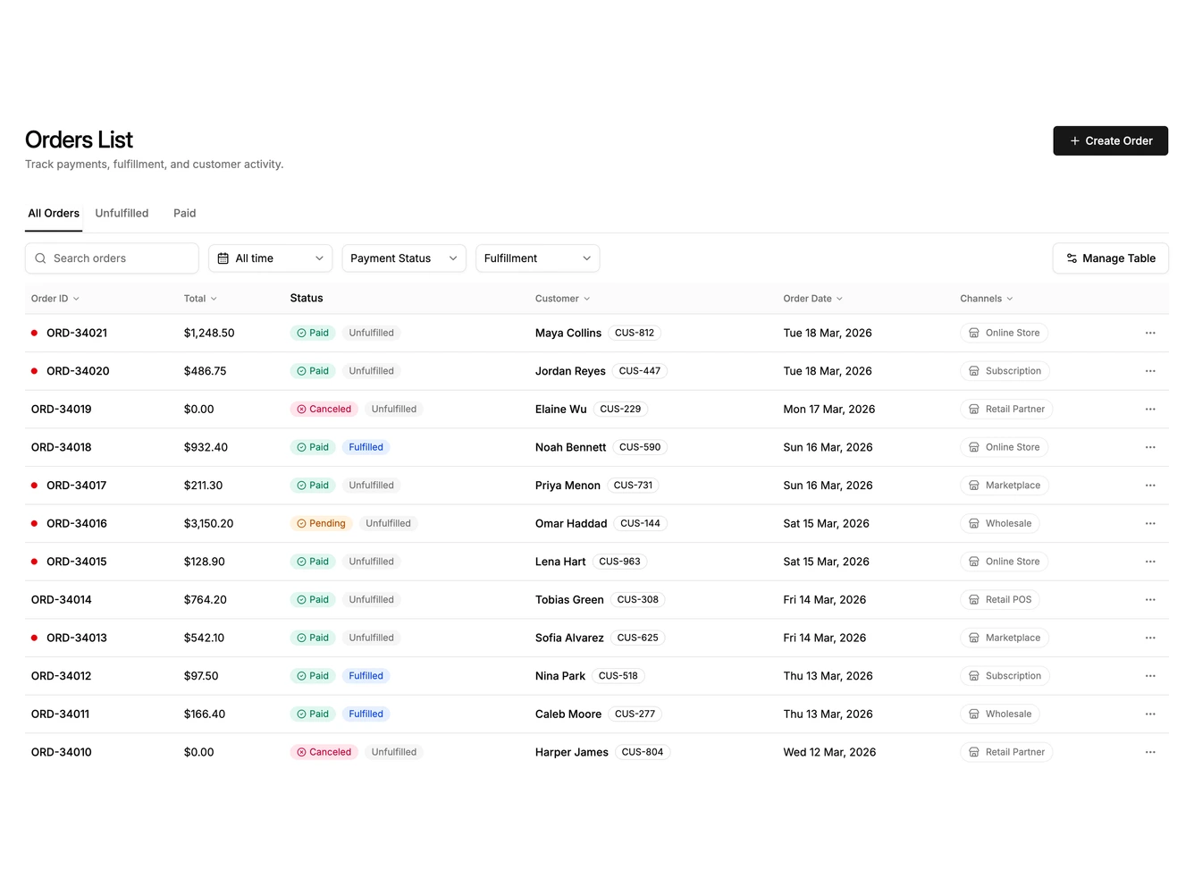 Shadcn Order Management Blocks
