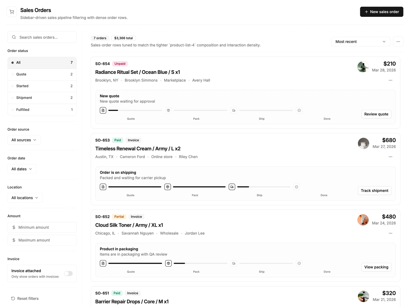 Shadcn Order Management 3 - Sales orders with journey track