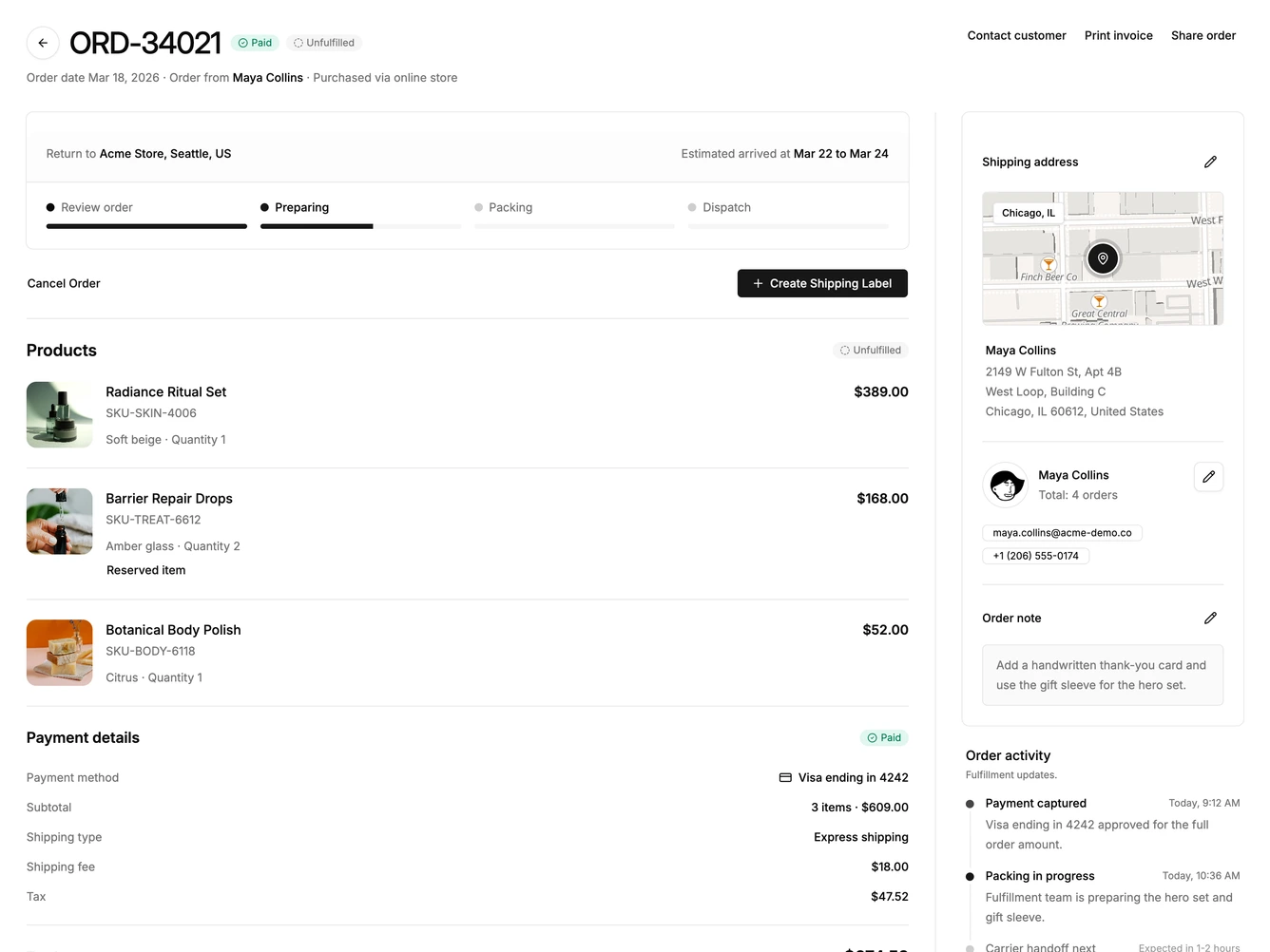 Shadcn Order Management 5 - Order detail with shipping map