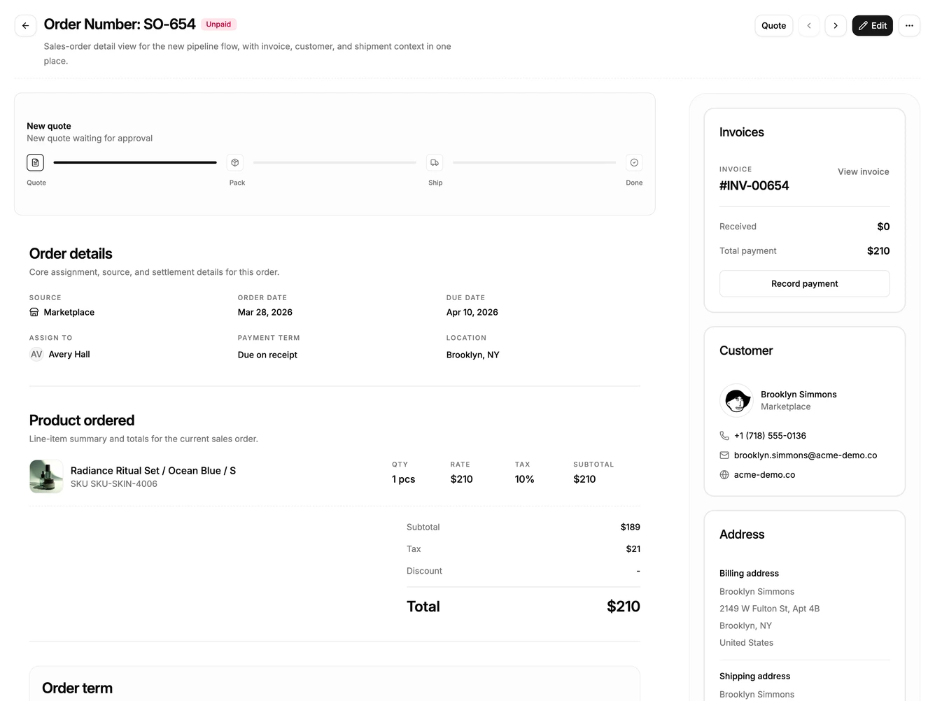 Shadcn Order Management 6 - Sales order detail with invoice sheet