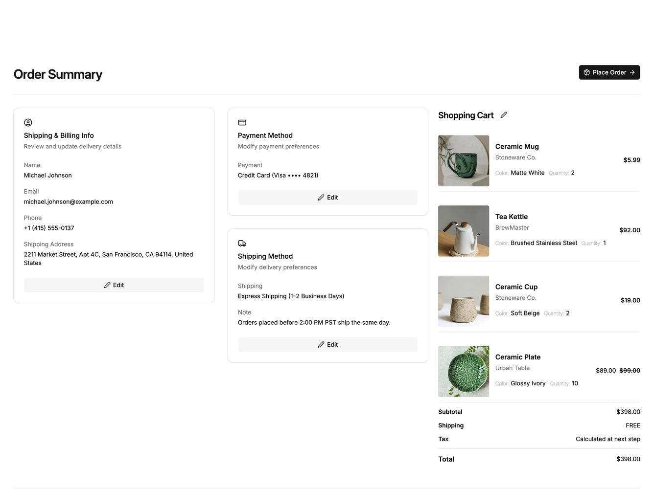 Shadcn Order Summary 11 block