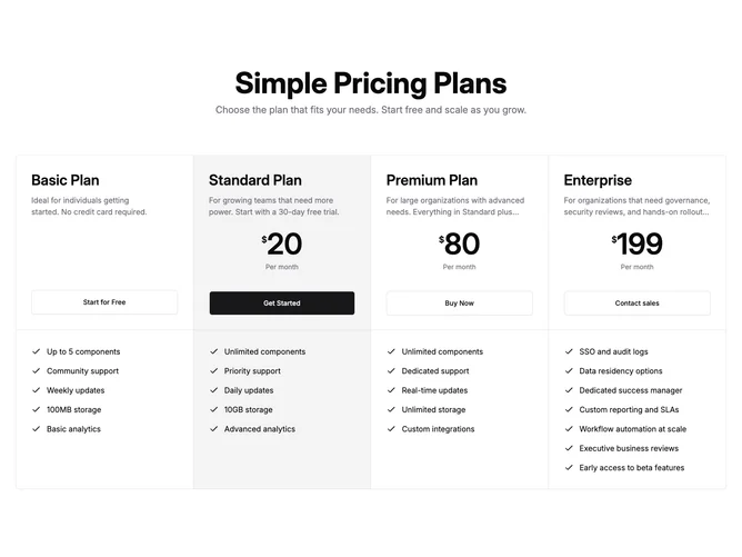 Shadcn Pricing 1 - Four-tier pricing comparison grid