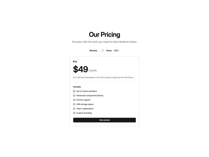 Shadcn Pricing 100 - Single plan card with billing switch