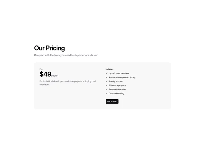 Shadcn Pricing 105 - Single plan wide muted panel