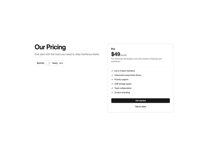 Shadcn Pricing 106 - Single plan split heading and card