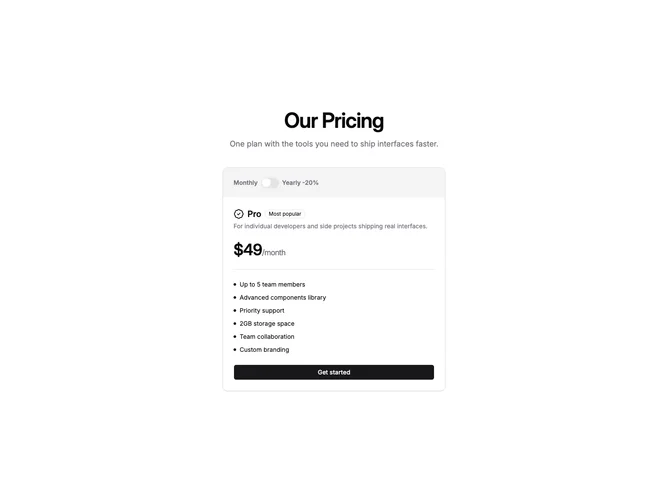Shadcn Pricing 107 - Single plan card with accent rail