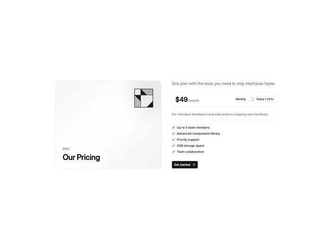 Shadcn Pricing 108 - Single plan split art panel and details