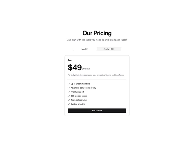 Shadcn Pricing 110 - Single plan with tabbed billing