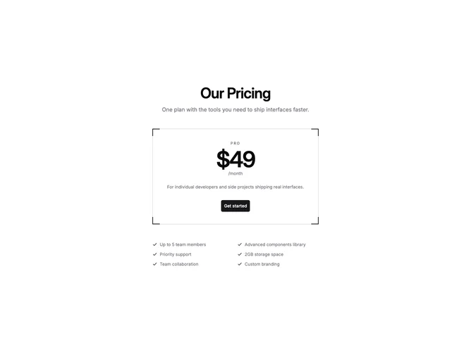 Shadcn Pricing 117 - Single plan bracketed price display