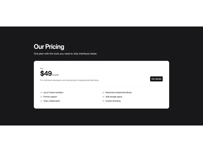 Shadcn Pricing 118 - Single plan on inverted primary section