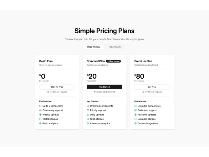 Shadcn Pricing 16 - Three-plan pricing with billing tabs and checkmark features