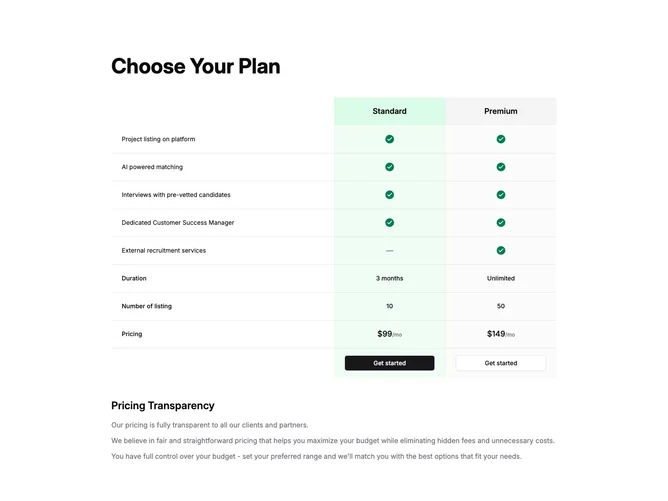 Shadcn Pricing 17 - Two-plan comparison with feature matrix