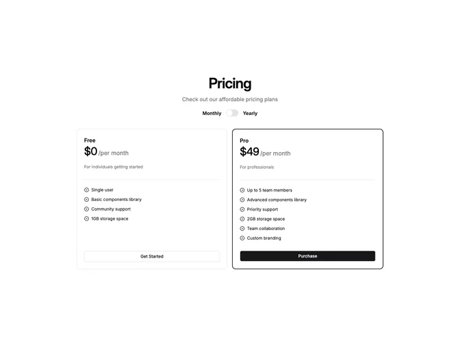 Shadcn Pricing 2 - Classic two-plan pricing with billing switch