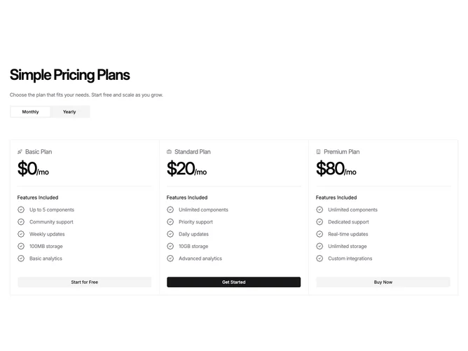 Shadcn Pricing 20 - Bordered three-plan pricing grid with plan icons and dividers