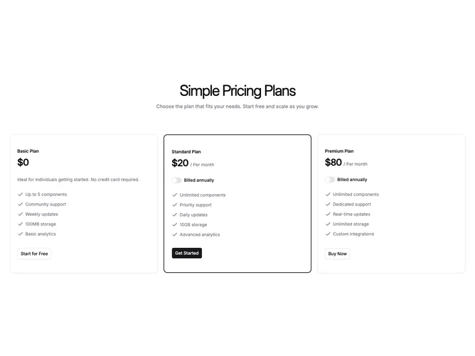 Shadcn Pricing 22 - Three-plan pricing cards with per-column billing switch