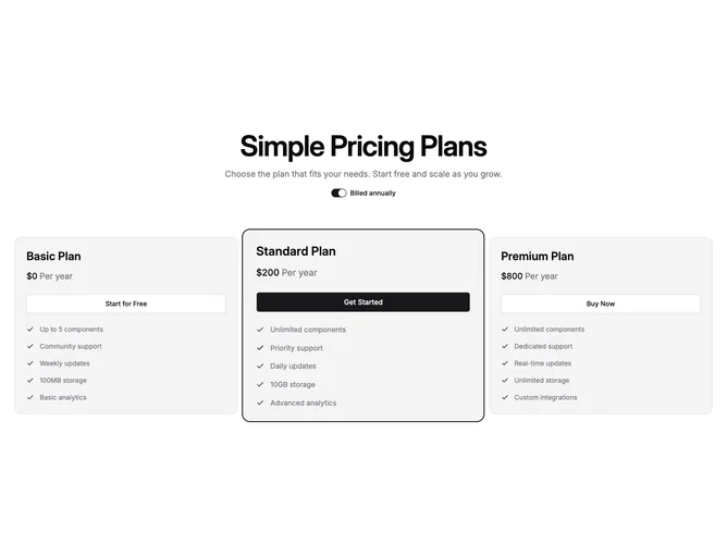 Shadcn Pricing 24 - Three-plan pricing with switch and muted highlight cards