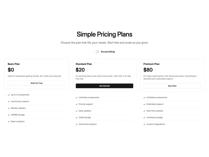 Shadcn Pricing 3 - Three-plan pricing with billing switch and dashed feature rows