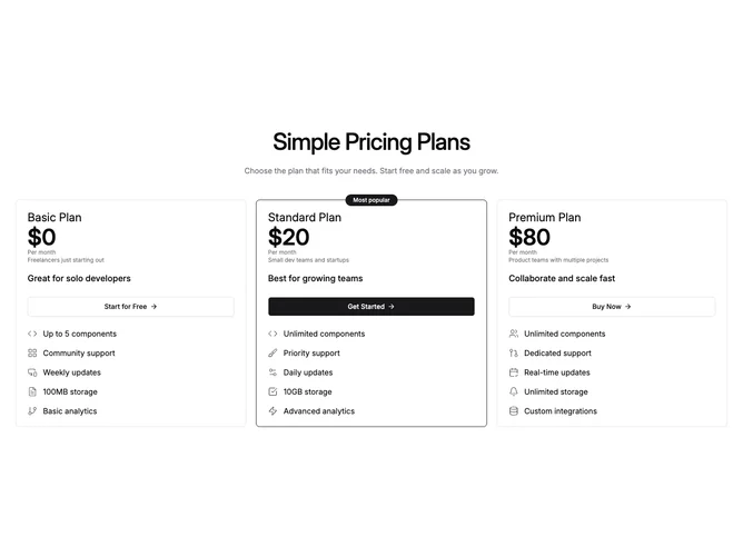 Shadcn Pricing 31 - Three-plan pricing with icon feature rows and top pill