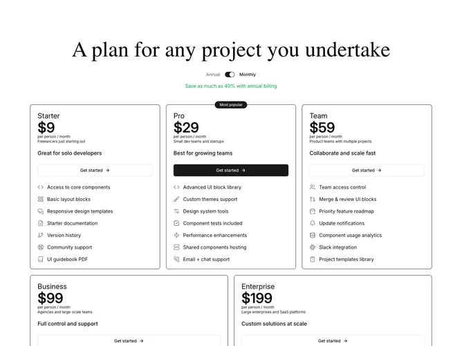 Shadcn Pricing 32 - Five-tier pricing with billing toggle