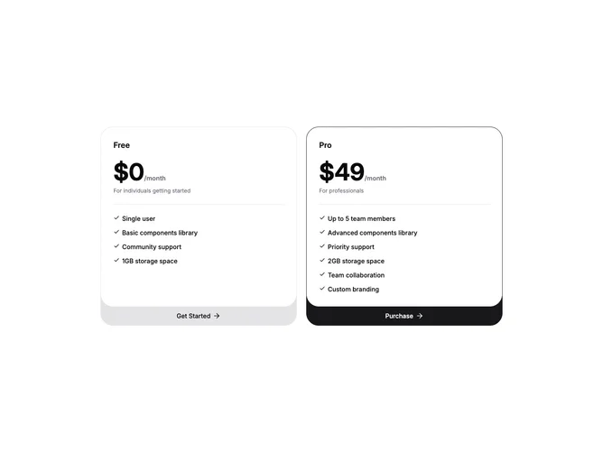 Shadcn Pricing 36 - Rounded-shell pricing cards with inline CTA strip