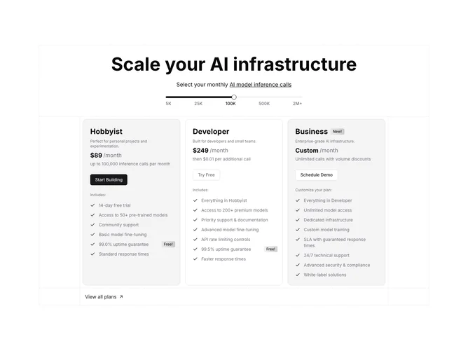 Shadcn Pricing 39 - Slider-driven plan cards with usage tiers
