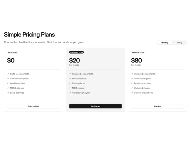 Shadcn Pricing 4 - Three-plan pricing with tabs and one highlighted column