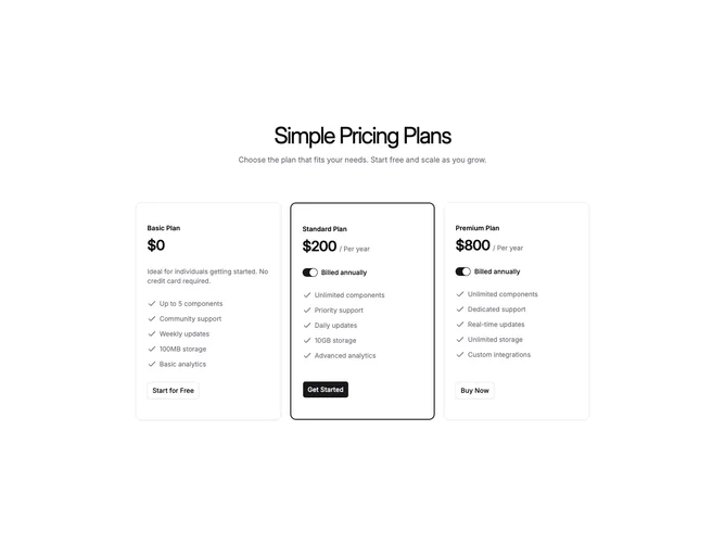 Shadcn Pricing 41 - Narrow three-plan pricing cards with per-column switch