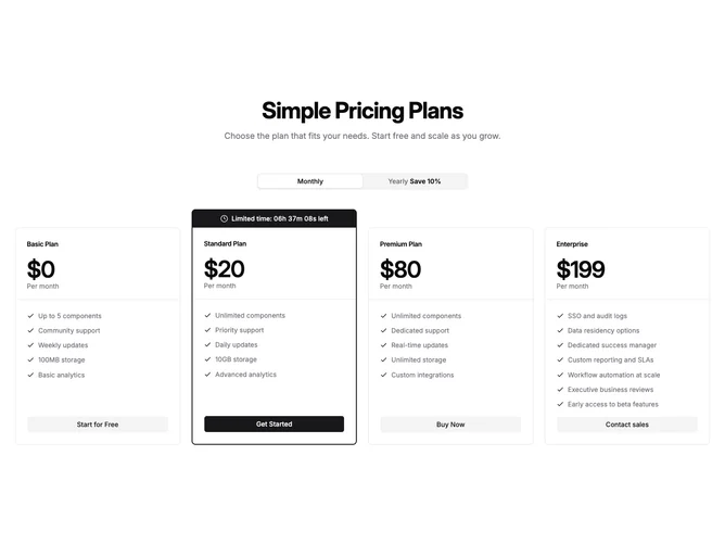 Shadcn Pricing 43 - Four Tier Pricing With Promo Countdown